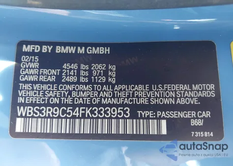 2015 BMW M4 z USA, uszkodzony, nr VIN WBS3R9C54FK333953